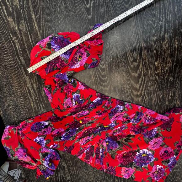 Liancarlo Ruched Cocktail Dress Womens 10 Red Floral Silk Puff Sleeve Elegant - Picture 15 of 16